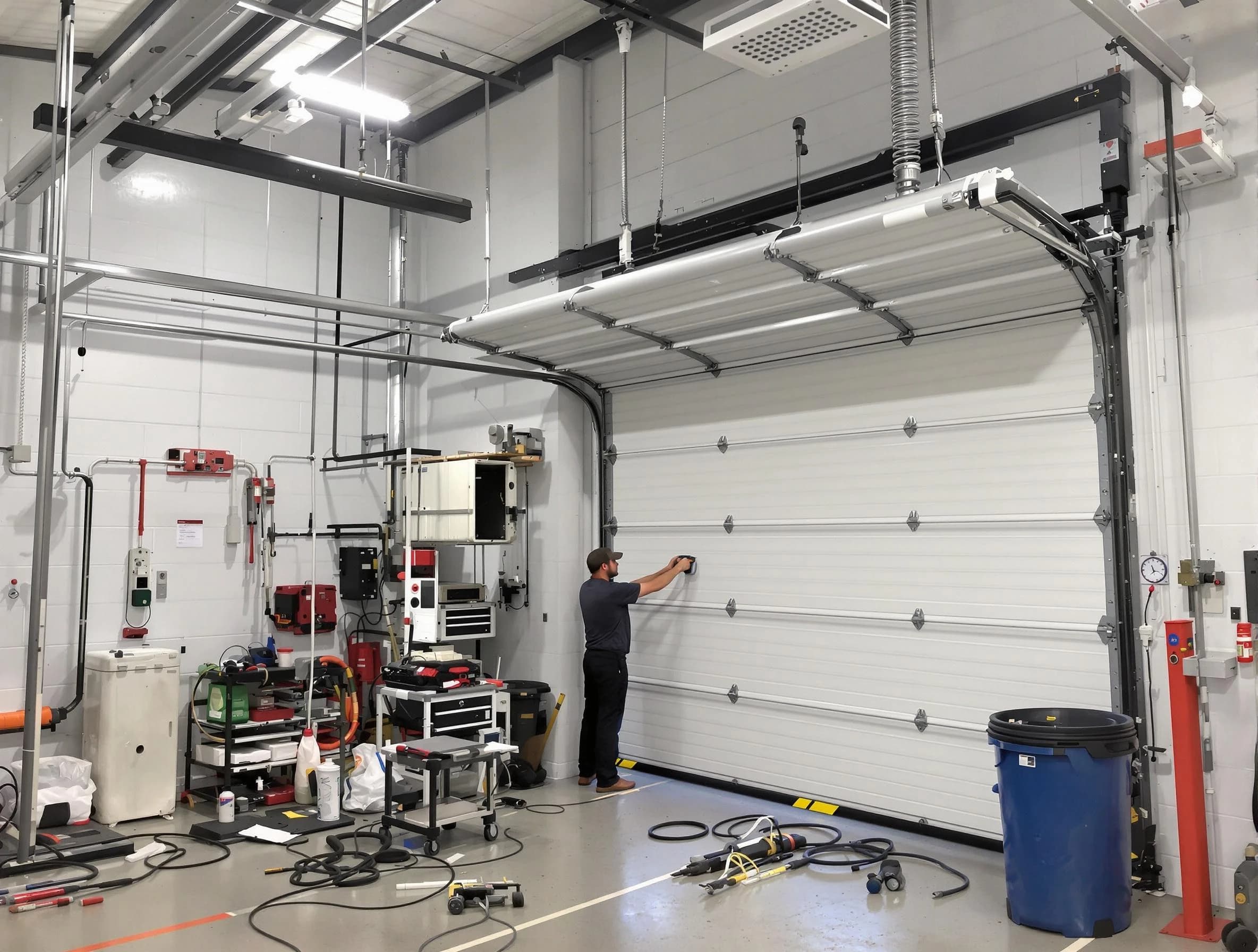 Billerica Garage Door Repair certified technician performing commercial door repair at a Billerica business facility