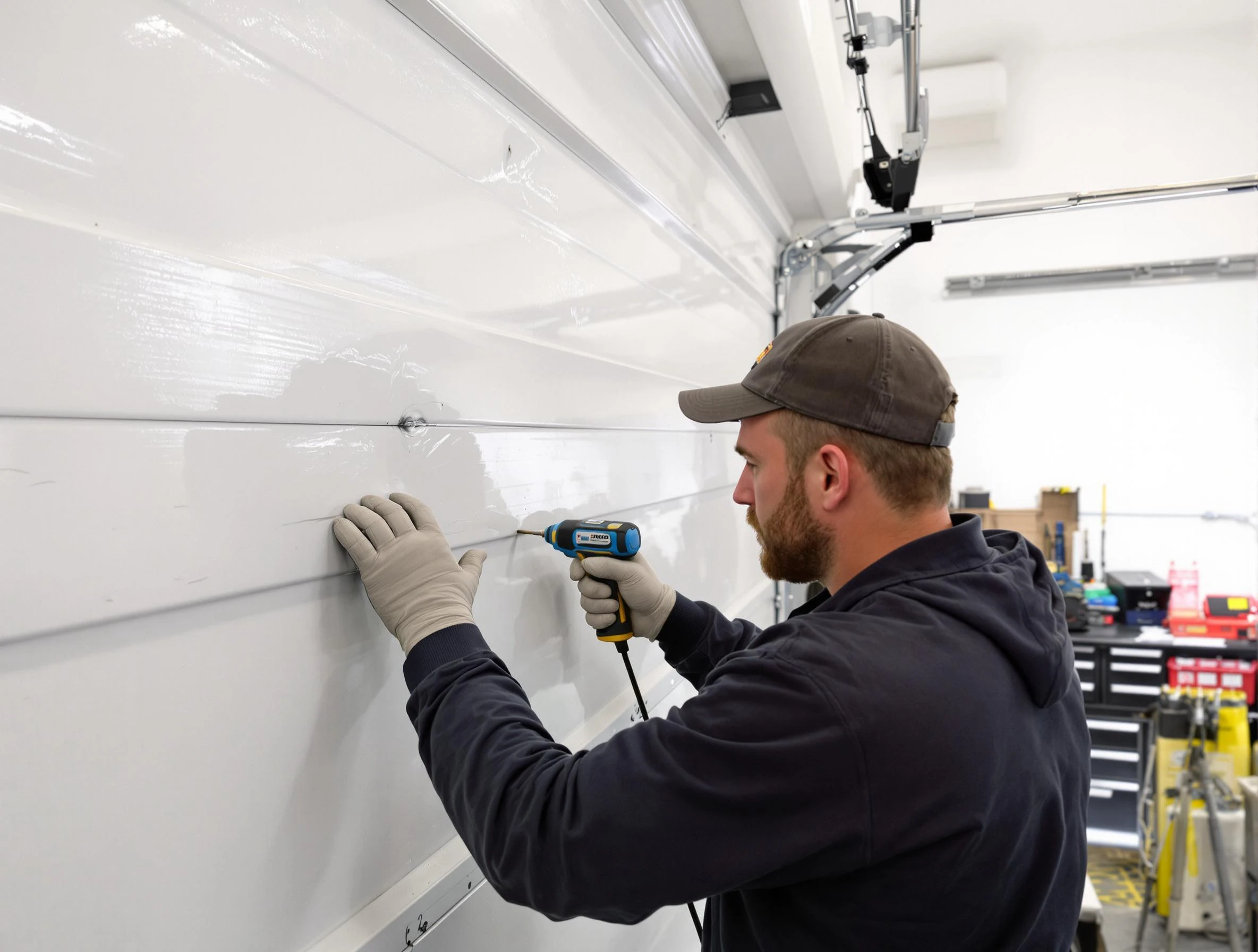 Billerica Garage Door Repair technician demonstrating precision dent removal techniques on a Billerica garage door