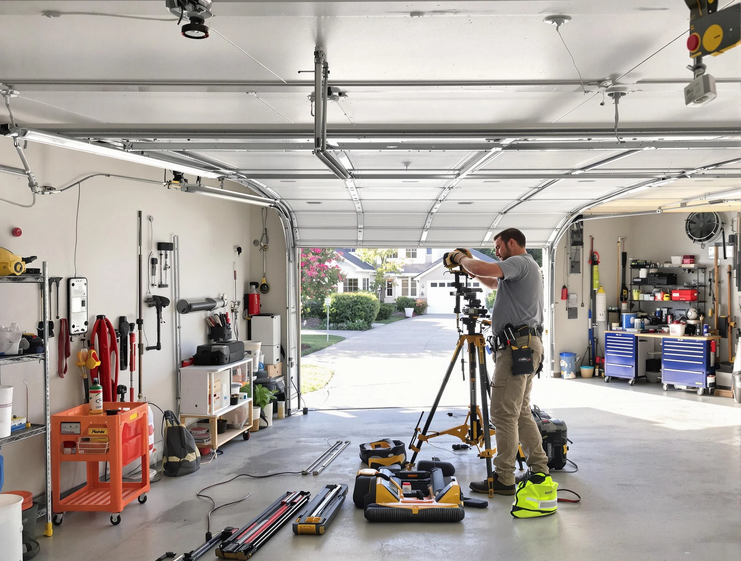 Billerica Garage Door Repair specialist performing laser-guided track alignment in Billerica